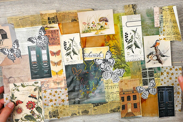 Collage papers made with calendar pages, washi tape, 49 & Market paper, scrapbook paper, tissue paper, tea bags and ephemera