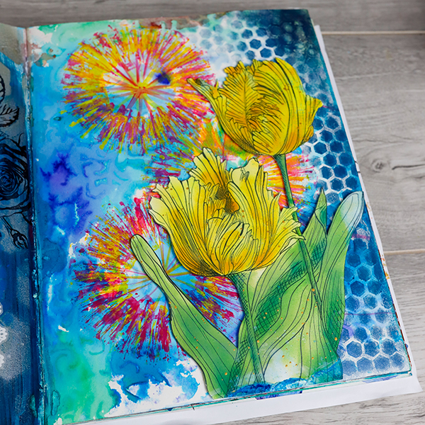 Painting Techniques art journal page before altering this image by Nadine Milton. Parrot Tulip image by Nadine Milton from Hop-A-Long Studio