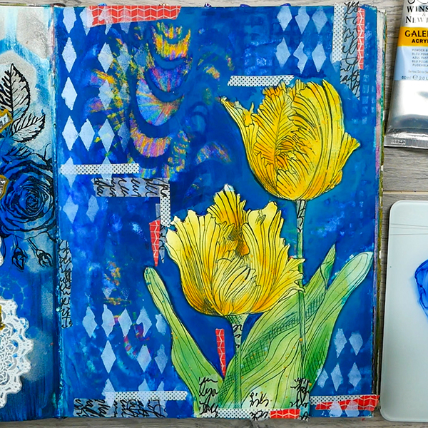 Finished mixed media art journal page using negative painting, washi tape and stencil techniques